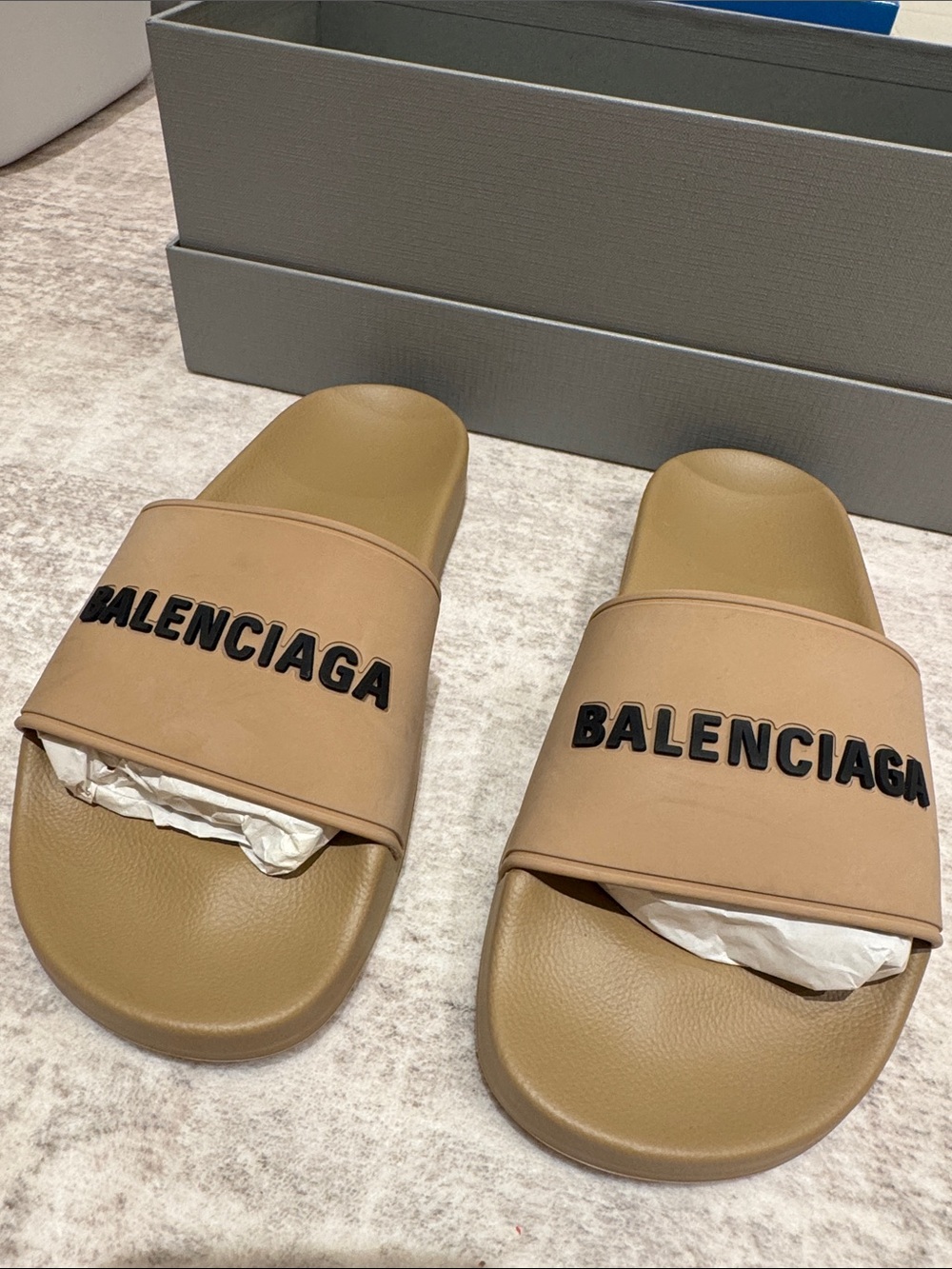 Balenciaga Tan and Black Logo Slide Sandals